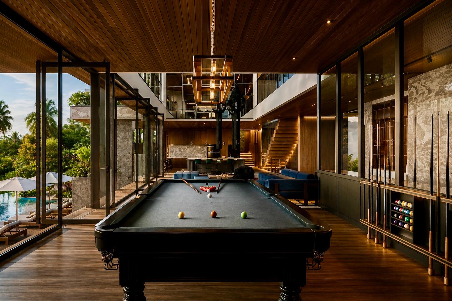 Salle de billard avec vue piscine