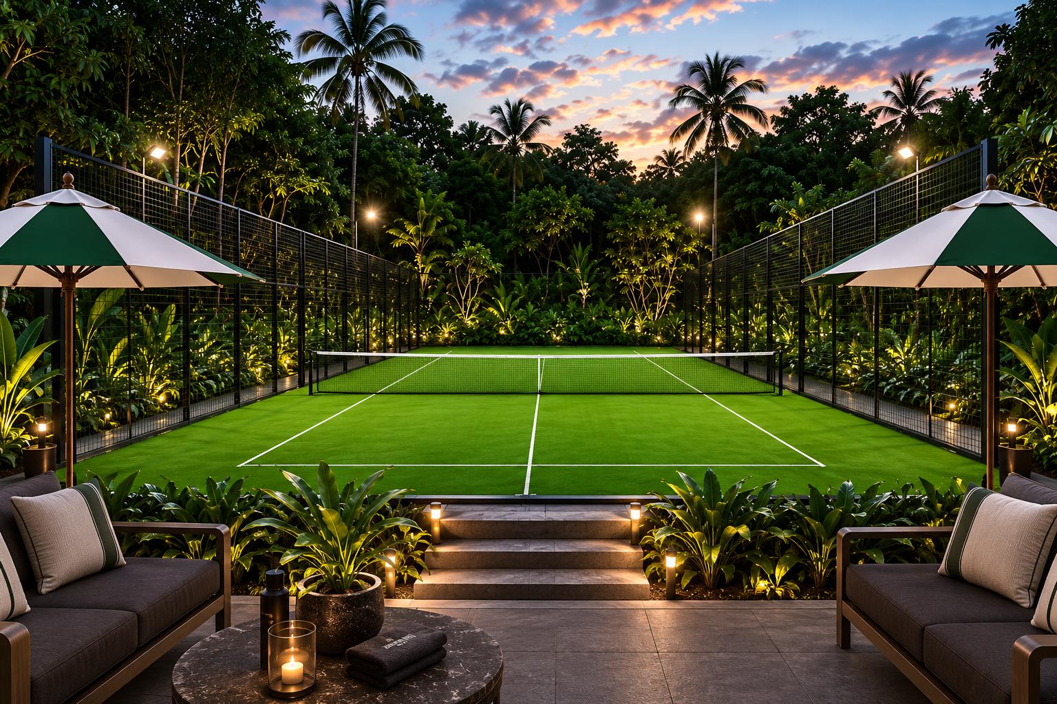 Court de padel illuminé la nuit — The Rivershore Estate